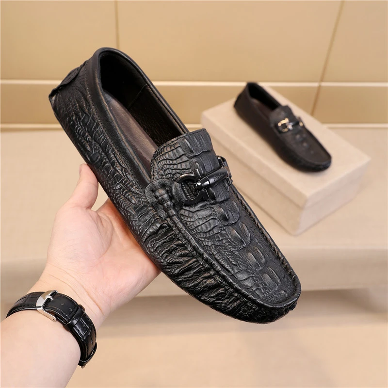 男鞋2025春季新款男士豆豆鞋真皮韩版透气鳄鱼纹头层牛皮休闲皮鞋