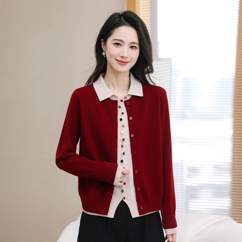 100%纯羊毛中年女士妈妈装秋冬假两件针织开衫时尚洋气网红款上衣