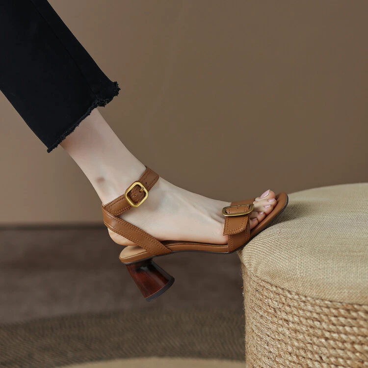 羊皮~6公分2024年新款凉鞋时尚百搭夏季粗跟高跟复古女士鞋子气质