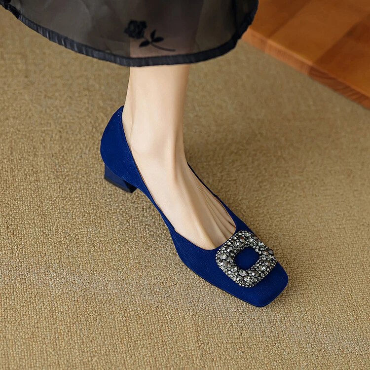 2024新款春秋羊皮蓝色浅口单鞋女中跟粗跟方头设计感小众气质名媛