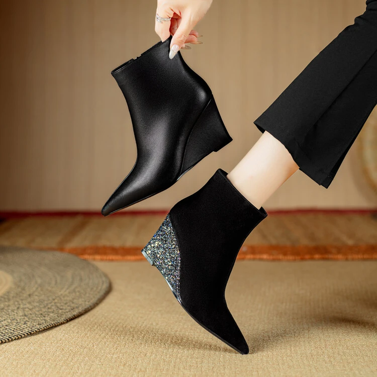 全真皮~7.5cm羊皮尖头短靴秋冬新款高跟单靴坡跟女鞋小个子短筒靴