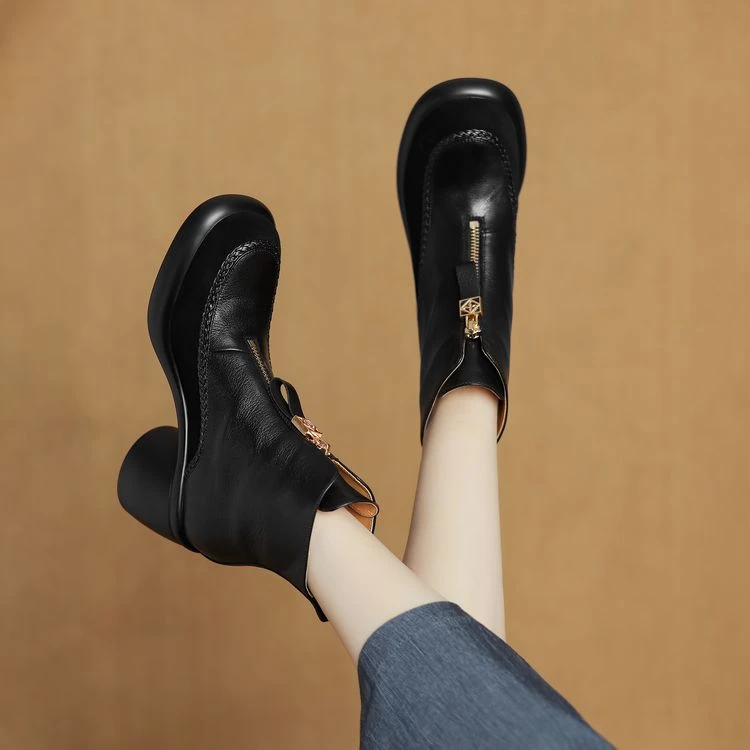 小短靴女2024春秋单靴圆头高跟粗跟真皮厚底棕色加绒加厚雪地靴女