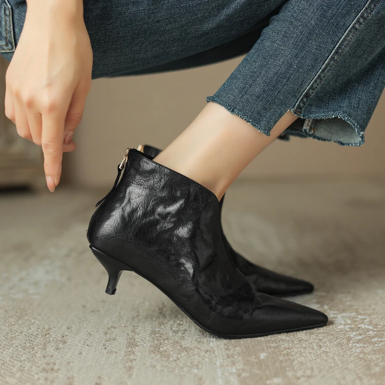全真皮~4cm羊皮尖头气质时尚黑色中跟细跟法式瘦瘦靴百搭短靴复古