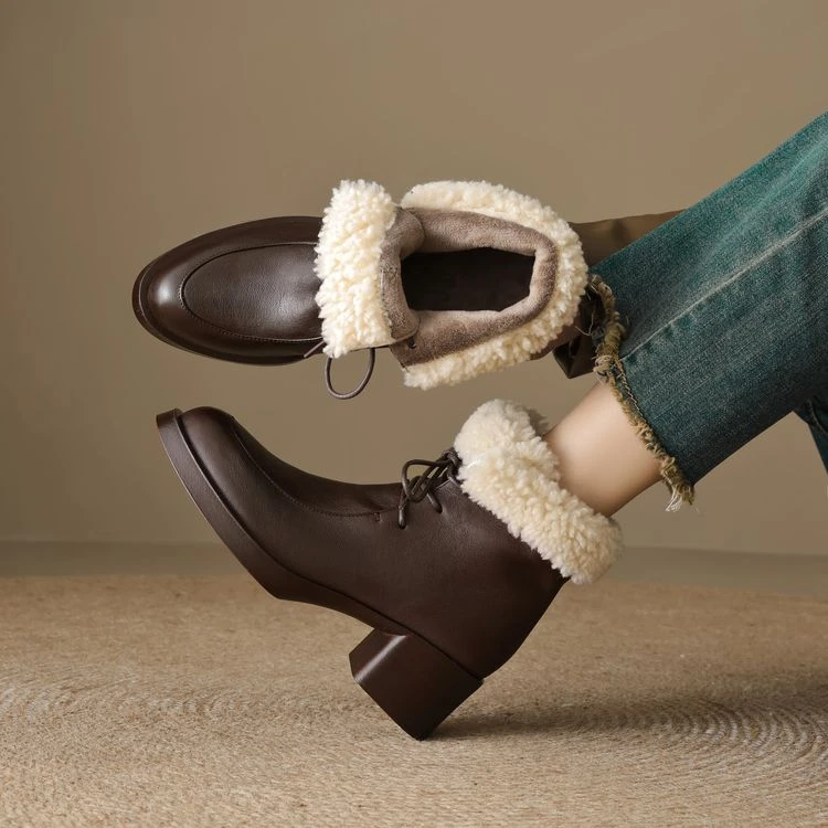 5cm~软羊皮加绒系带短靴女粗跟2024冬季保暖棉鞋马丁靴中跟英伦风