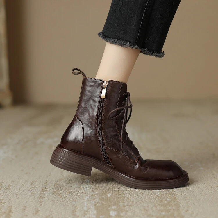 里外纯皮~4cm牛皮马丁靴女英伦风春秋单靴百搭圆头中跟真皮短靴子