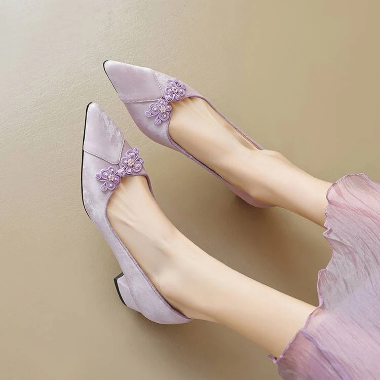 4.5cm~新中式国风尖头单鞋女粗跟中跟紫色真皮绝美百搭气质高跟鞋