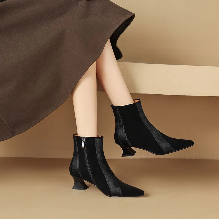 羊翻皮拼接中跟短靴女裸靴秋冬新款侧拉链尖头瘦瘦靴2024秋冬百搭