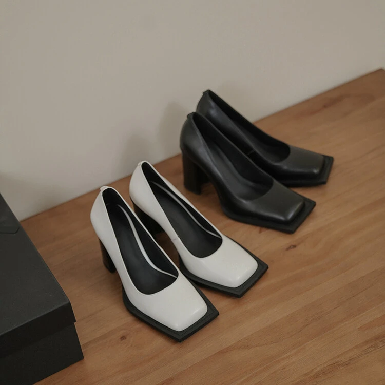 鸭掌方头高跟鞋女春秋黑色粗跟辣妹美式单鞋复古法式玛丽珍小皮鞋