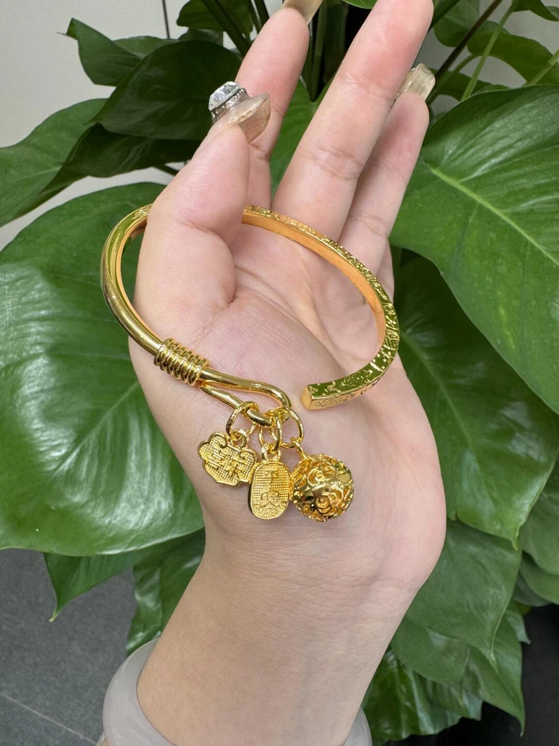 足银手镯 年货节时尚百搭古风宫铃吉言开口手镯精美足银铸厚金