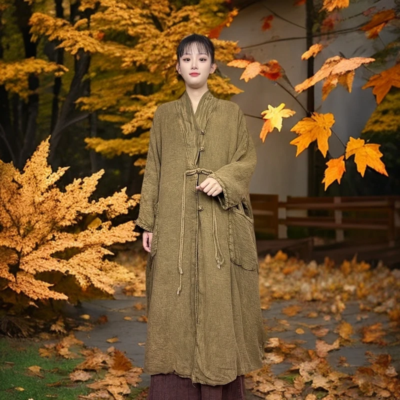 【棉娃娃原创】冬款亚麻炒色中开加厚长棉袍