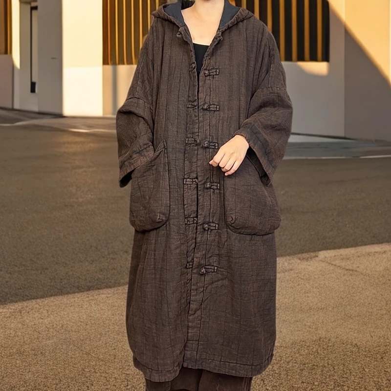 【棉娃原创】冬款亚麻加厚中开盘扣炒色复古连帽长袄
