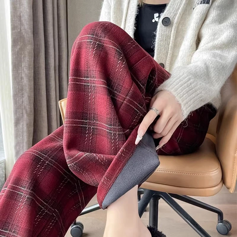 安可拉红毛呢阔腿裤加绒裤子女秋冬季2025新款高腰显瘦直筒格子裤