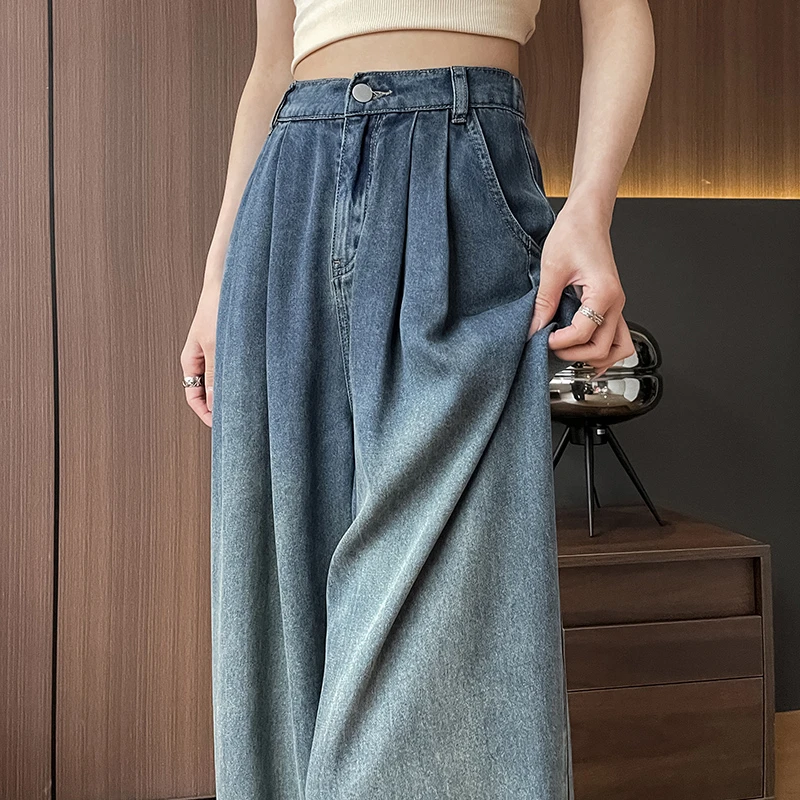 垂感牛仔裤天丝阔腿牛仔裤女春夏薄款高腰宽松显瘦窄版直筒长裤