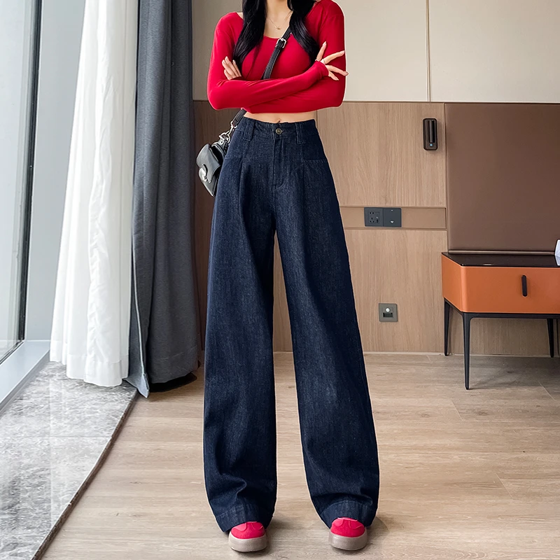 美式深蓝色阔腿牛仔裤女2025年早秋新款高腰宽松显瘦直筒拖地裤子