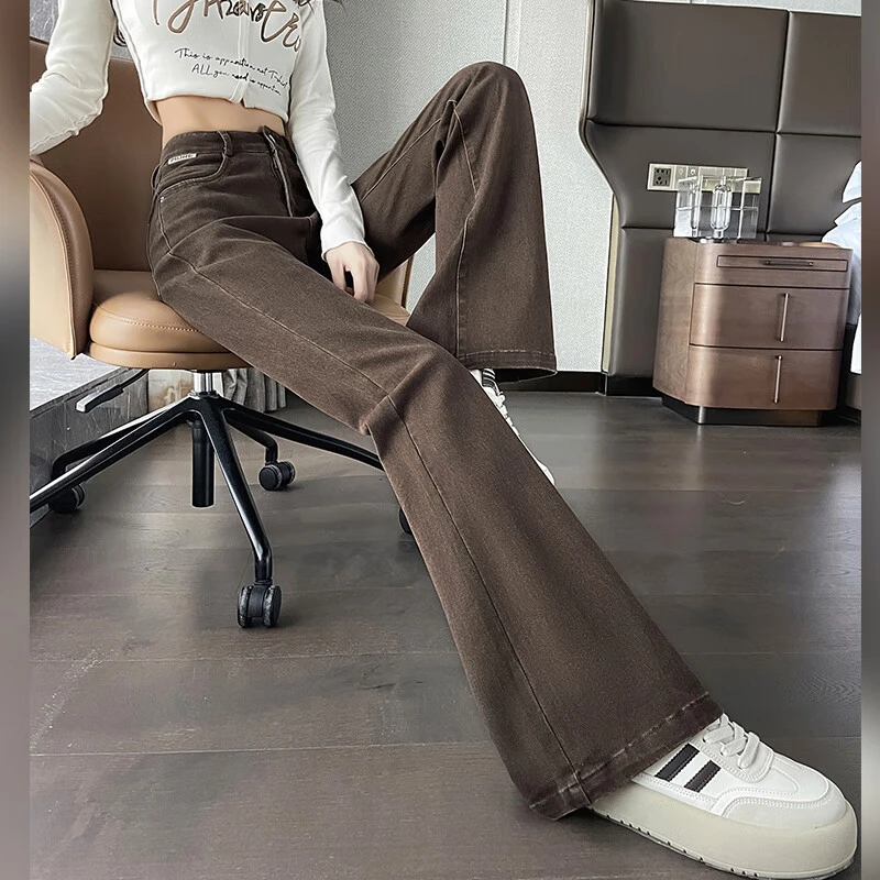 复古高腰微喇牛仔裤女2025春秋新款修身咖色小个子休闲马蹄喇叭裤
