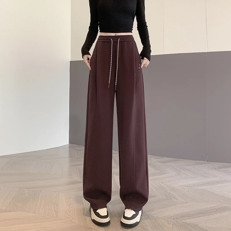 安可拉红加绒阔腿裤女秋冬2024新款高腰宽松显瘦垂感香蕉裤卫裤子