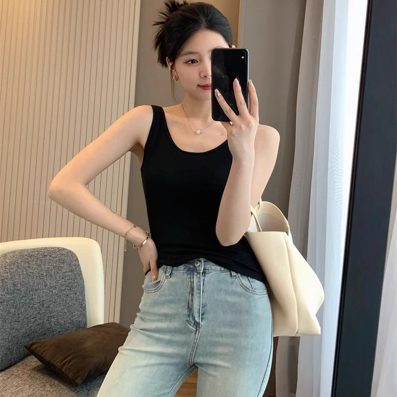 律动莫兰迪白色双U领吊带背心女内搭无袖T恤修身外穿低胸露背上衣