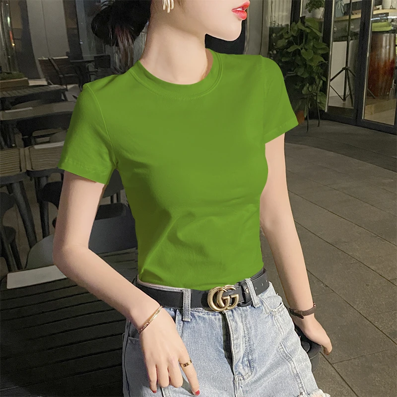 夏季多巴胺小高领短袖T恤女2025新款绿色小清新紧身百搭半袖上衣