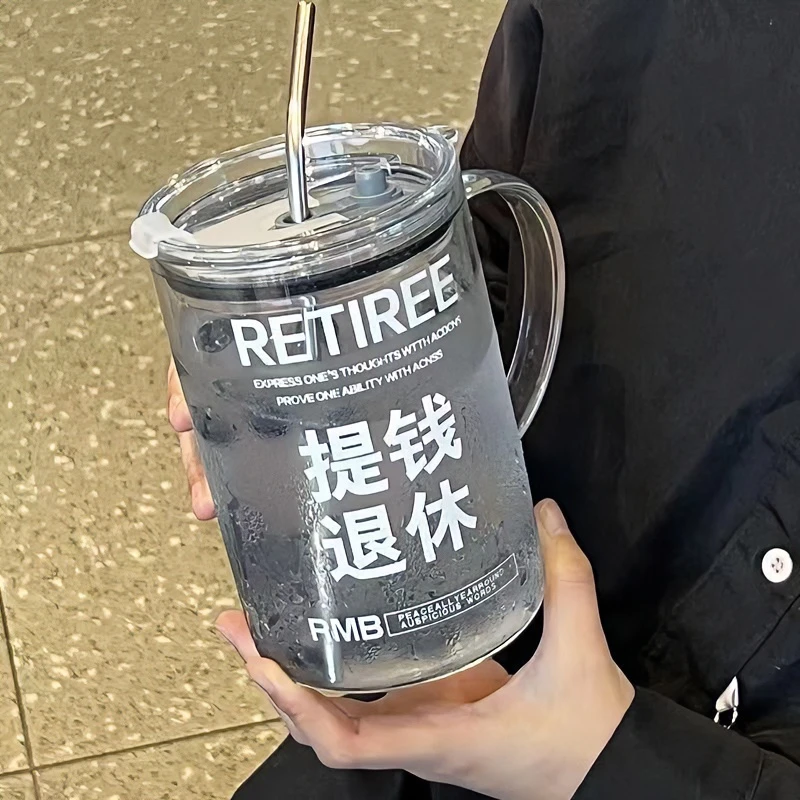 耐高温办公室创意水杯大容量刻度玻璃吸管杯子男女生家用奶茶杯子