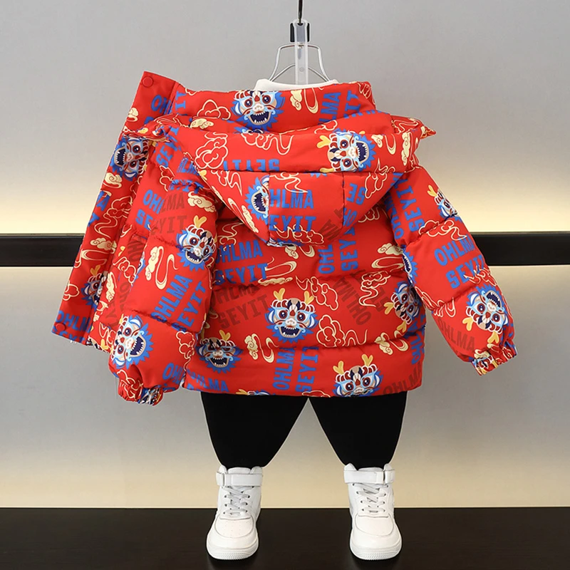 男童加绒棉服冬季儿童棉衣拜年服2023新款宝宝过新年红色棉袄外套