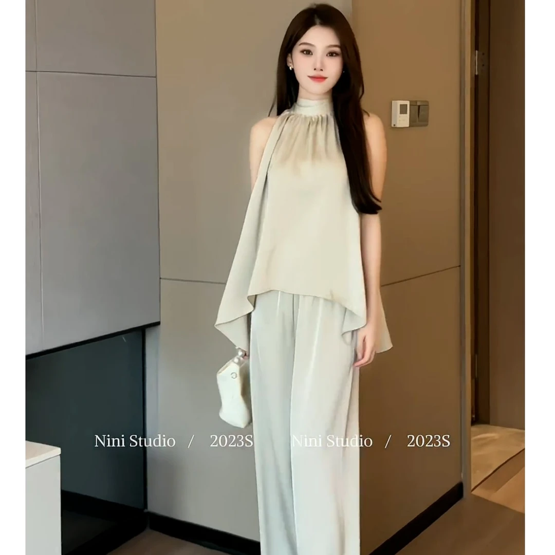 2023夏季新款高端定制时尚气质洋气简约露肩上衣+阔腿裤两件套