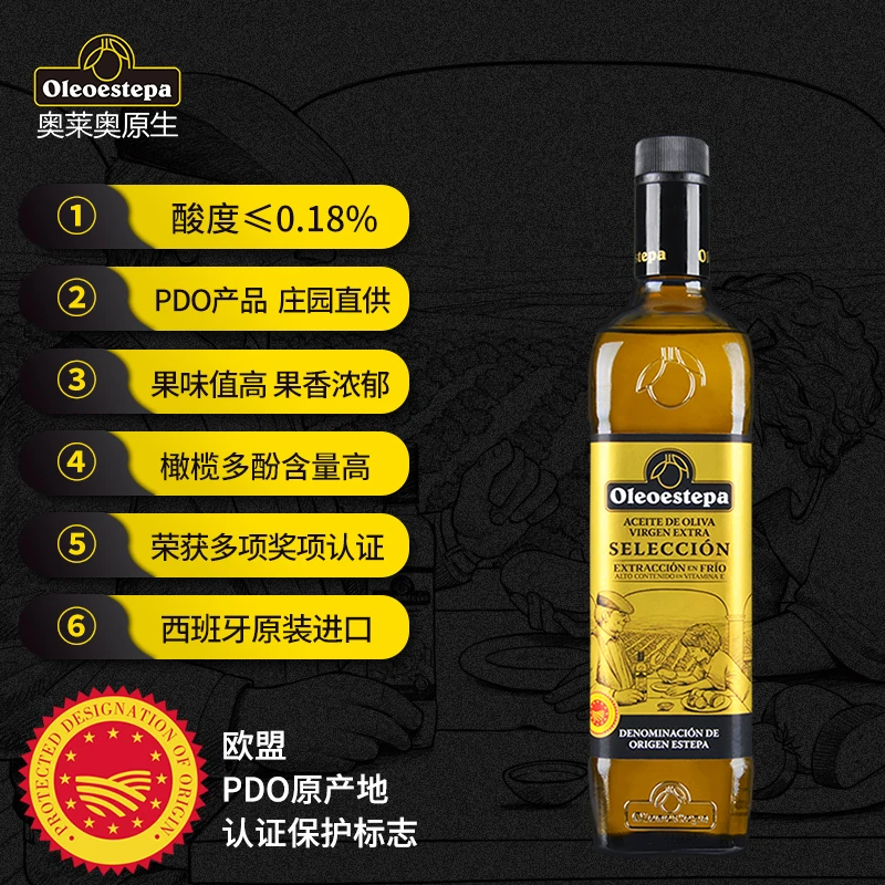 奥莱奥原生PDO橄榄油特级初榨精选750ml酸度≤0.18凉拌拍一发二