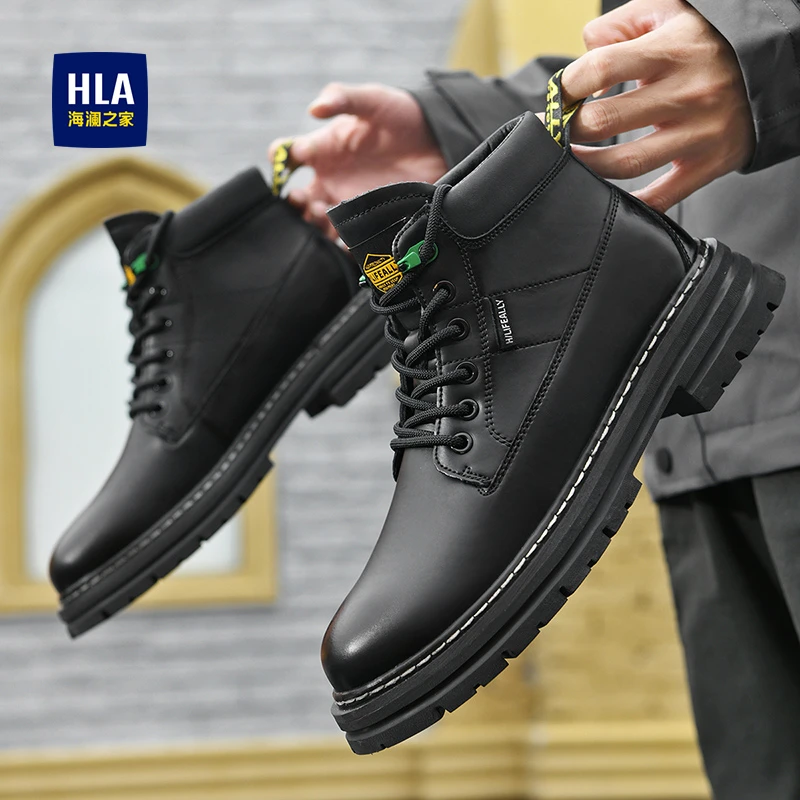 HLA/海澜之家男鞋春季新款保暖加绒高帮休闲马丁靴男士时尚工装靴
