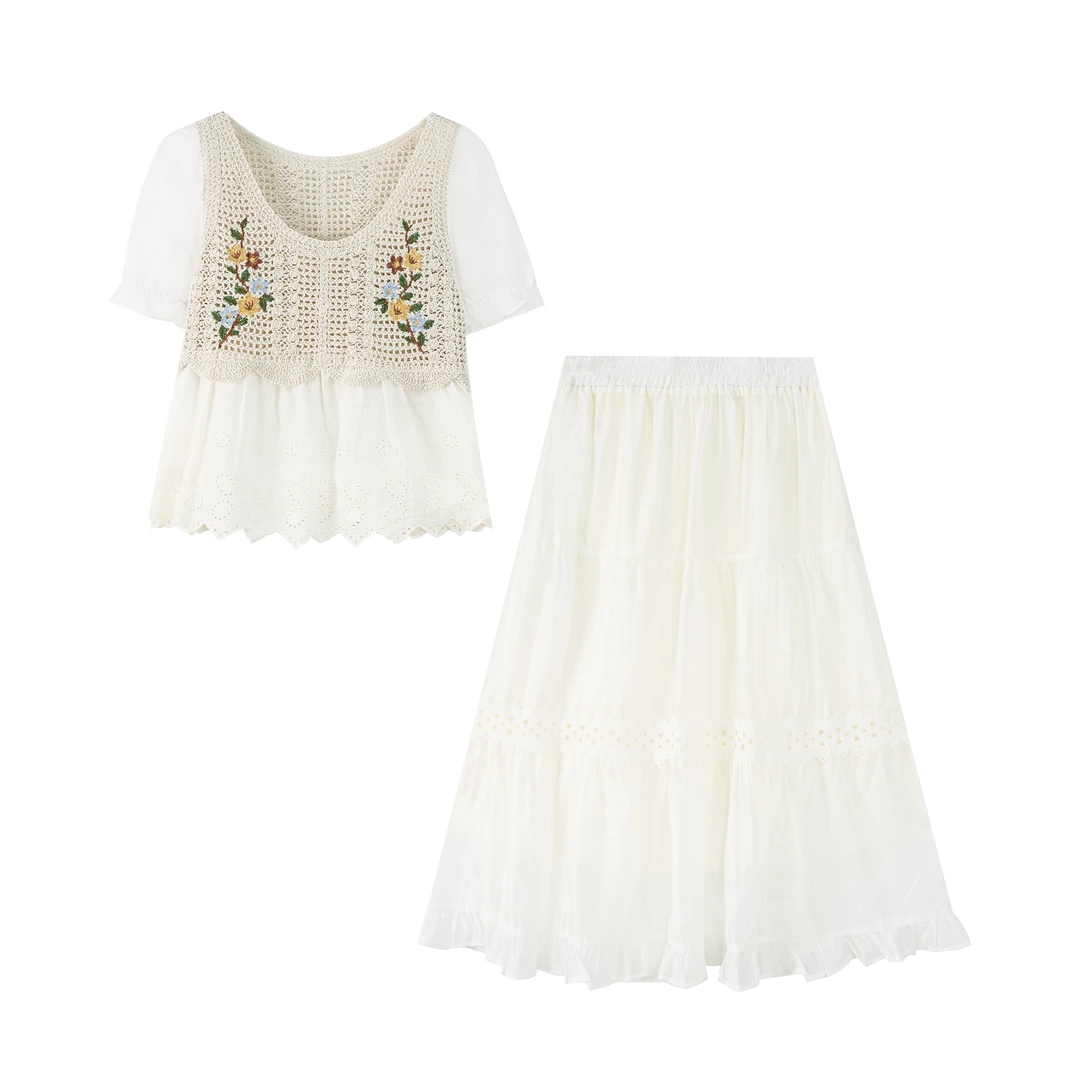 莫奈花园风新款时尚韩版夏季重工绣花套装【D032】