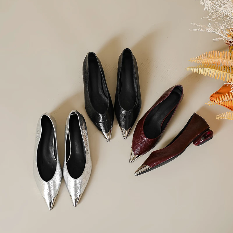 E1912里外全真皮大码女鞋2024秋季新款金属尖头扣法式气质跟鞋