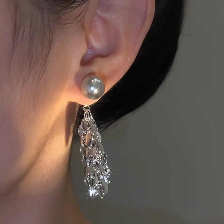 铜合金仿珍珠耳饰 波光粼粼树叶流苏灰珠耳环欧美时尚气质耳饰ins