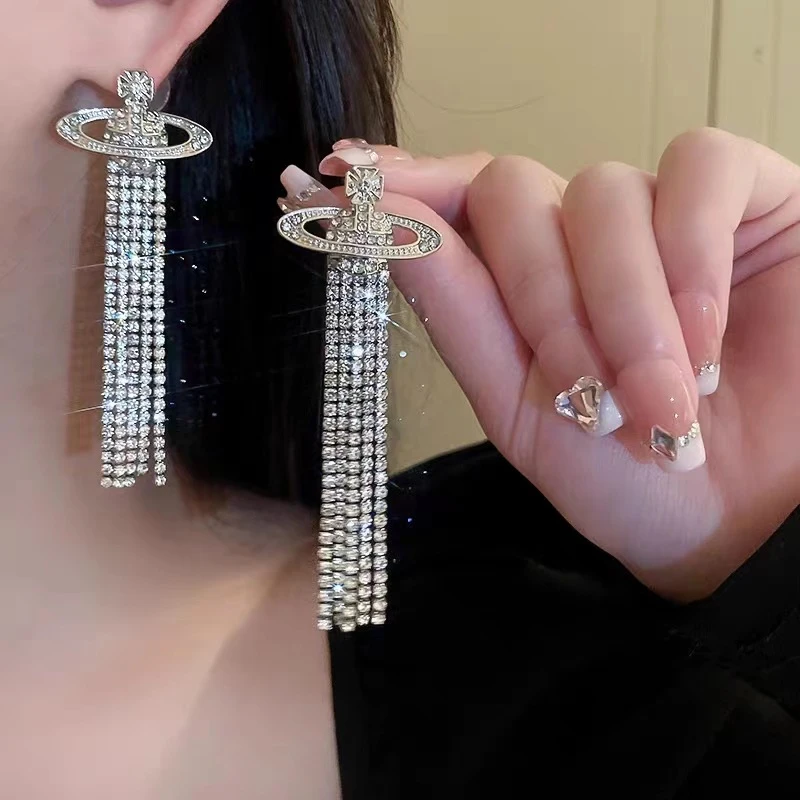 铜合金耳饰 超闪气质星球长款流苏耳环百搭耳饰显脸小耳环ins轻奢