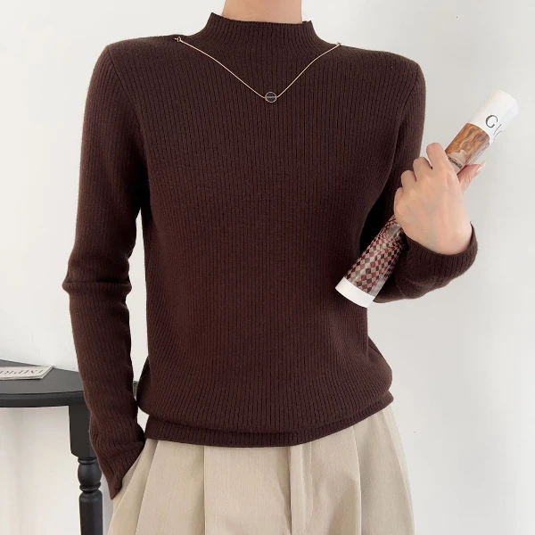 2024新款纯色加绒长袖针织衫中领7573加厚打底衫-玛丽恩