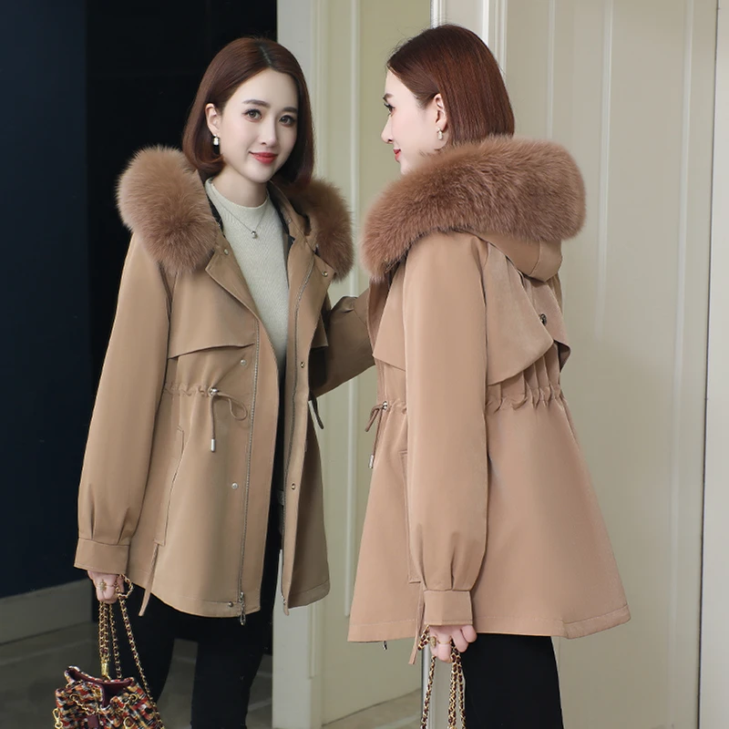 海宁女派克服冬季新短款连帽真毛领兔毛内胆可拆卸收腰韩版外套