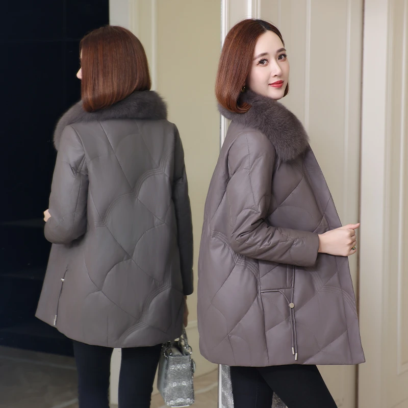 海宁冬季女真皮羽绒服中长版中年大衣狐狸毛领绵羊皮宽松妈妈装