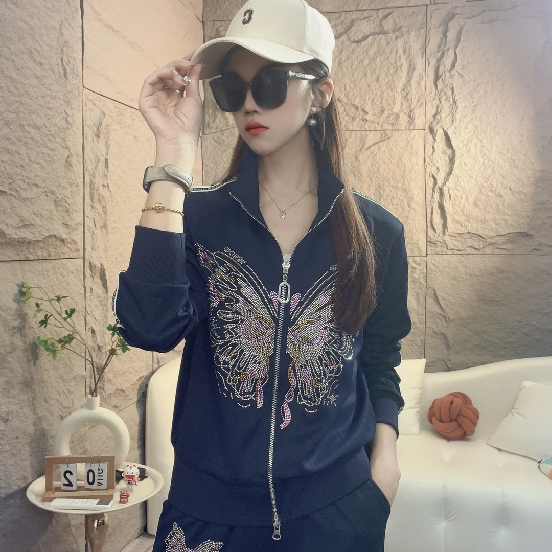 【ZZ】秋季新款显瘦立领烫钻减龄原创深蓝休闲秋运动套装2437085