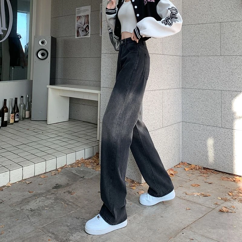 渐变阔腿牛仔裤女2024秋冬新款百搭高腰垂感显瘦直筒宽松拖地裤子