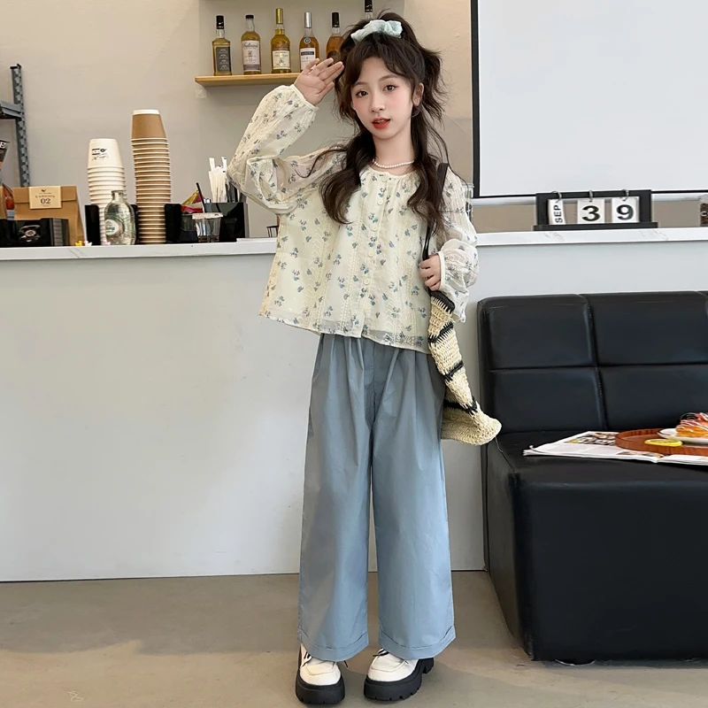 女童小清新碎花长袖衬衫套装小女孩宽松显瘦圆领甜美小女孩雪纺衫
