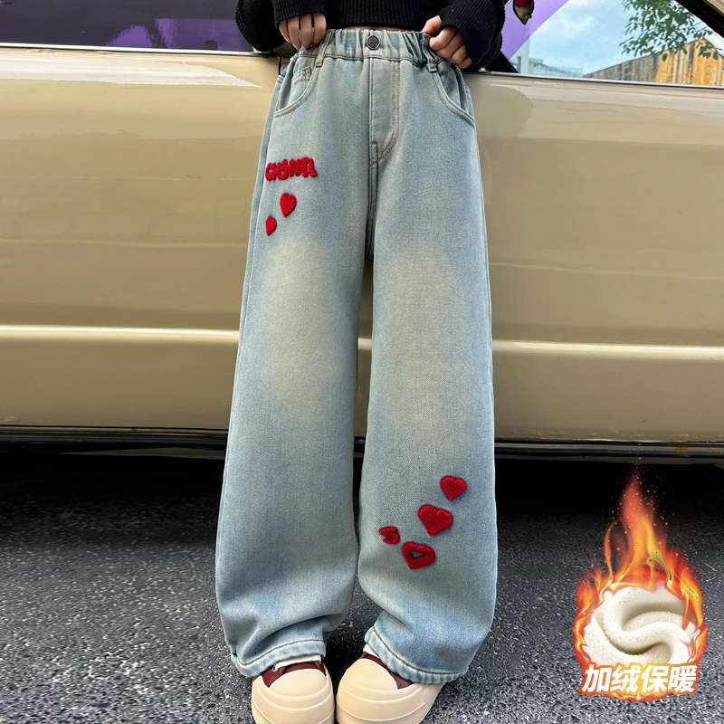女童加绒牛仔裤冬季加厚儿童直筒阔腿裤秋冬女大童一体绒裤子长裤