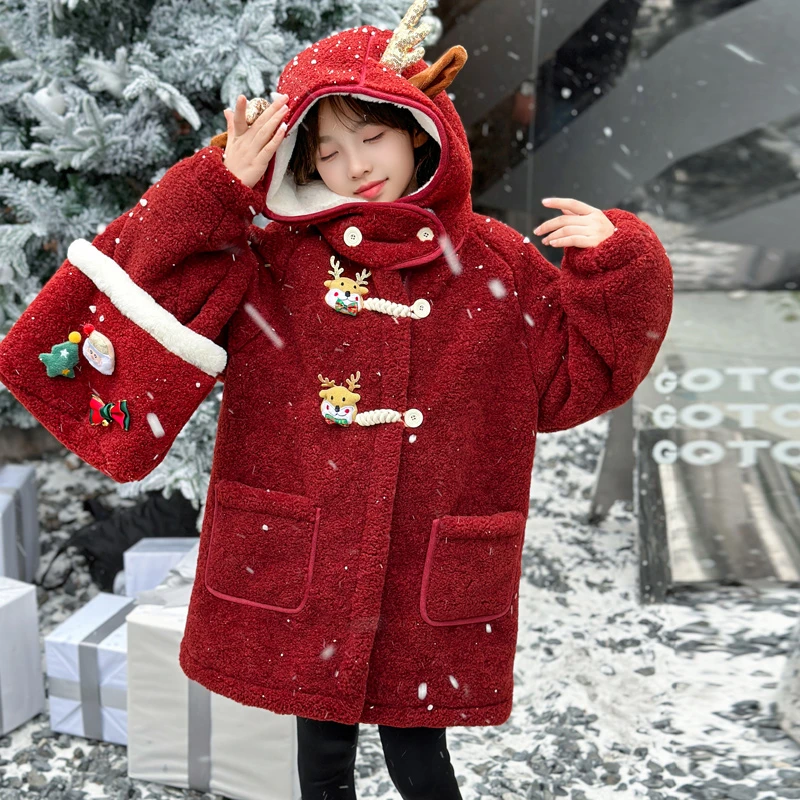 女童冬季红色加绒呢子大衣女大童秋冬款中长款外套儿童冬装拜年服