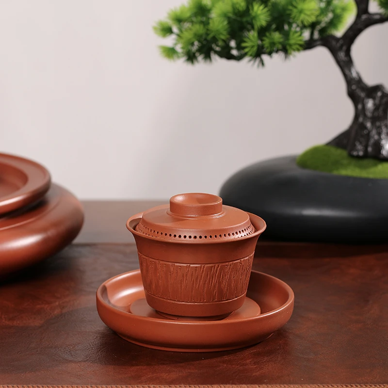潮州原矿红泥手抓盖碗120ml全网孔不烫手便携式盖碗家用工夫茶具