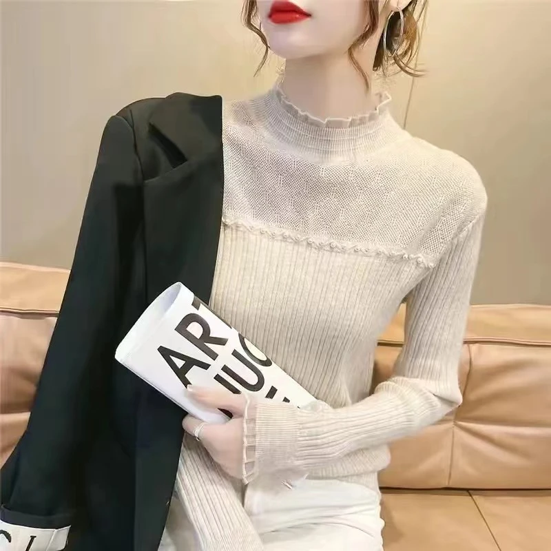 【爆款浮力465款】宽松大码200斤穿打底衫女半高领内搭蕾丝针织衫
