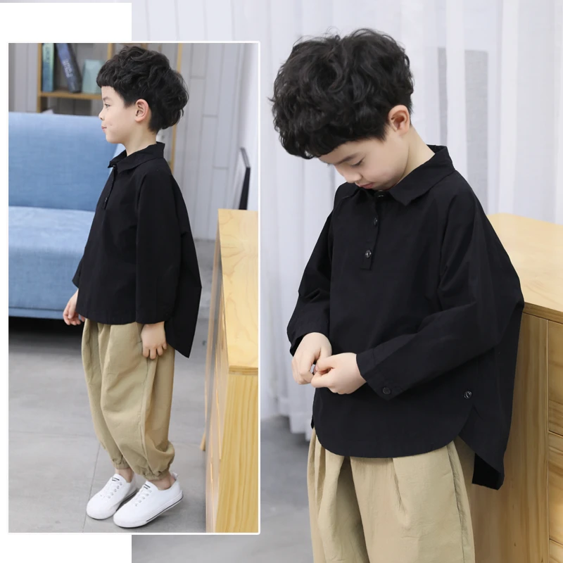 儿童装男童衬衫2025新款男孩衣服春秋款套头纯色气帅气潮装酷长袖
