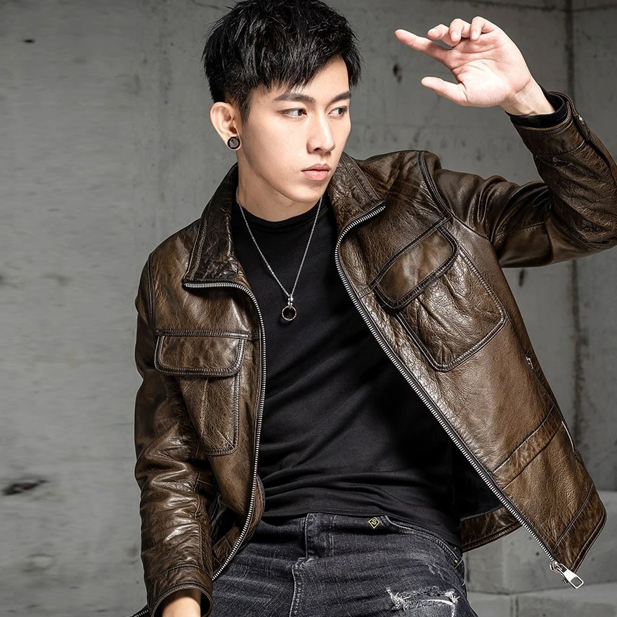 修身翻领夹克皮衣男士潮流休闲复古油蜡真皮羊皮夹克外套秋冬男装