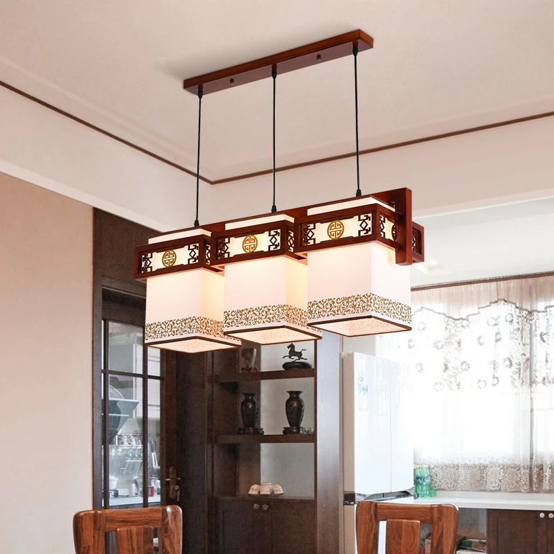新中式吊灯中国风复古羊皮实木三头餐厅饭厅大气创意茶楼吧台灯具