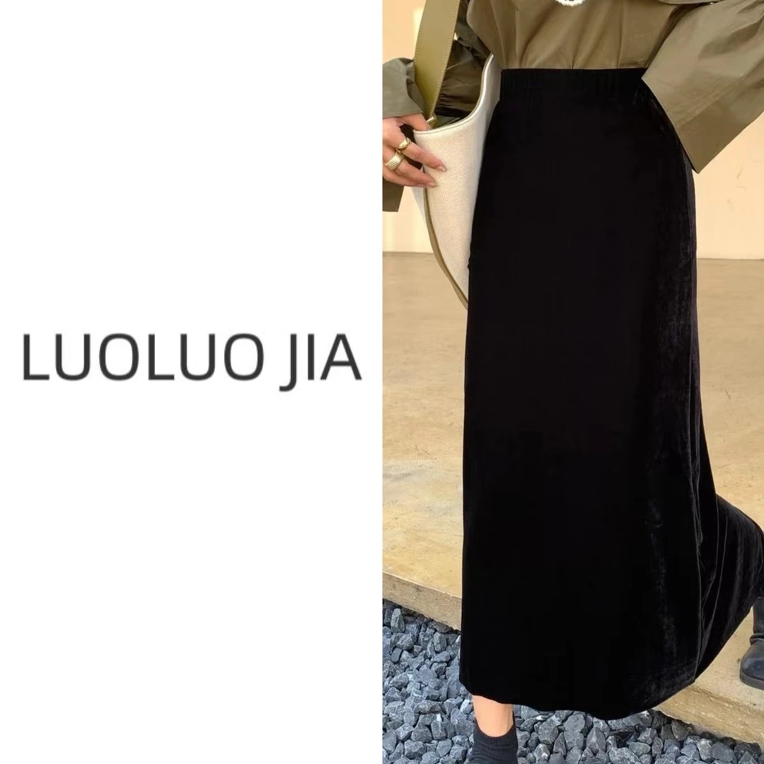 【罗罗严选】冬季新款9226-2加绒时尚后开叉丝绒半身裙