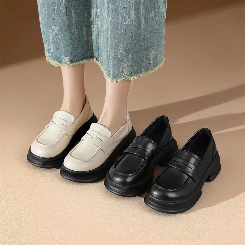 秋季厚底乐福鞋女2025新款豆豆鞋女单鞋百搭英伦风黑色小皮鞋女