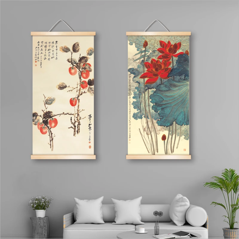 张大千事事如意中式装饰画国画餐厅实木客厅办公室挂轴墙挂画名家