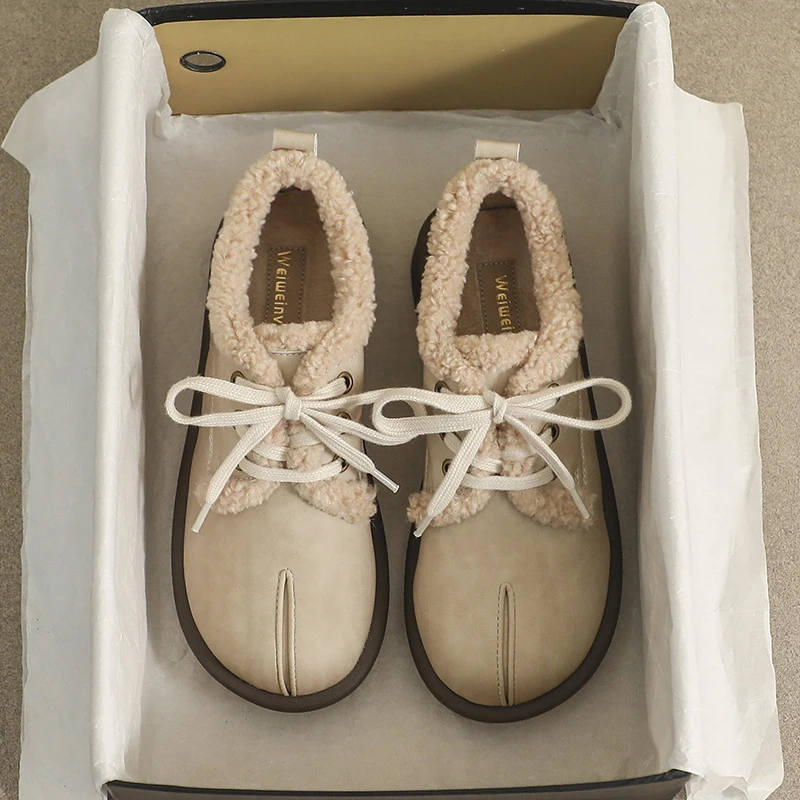 2023年时尚百搭毛毛鞋女外穿冬季勃肯单鞋系带美拉德加绒小皮鞋女