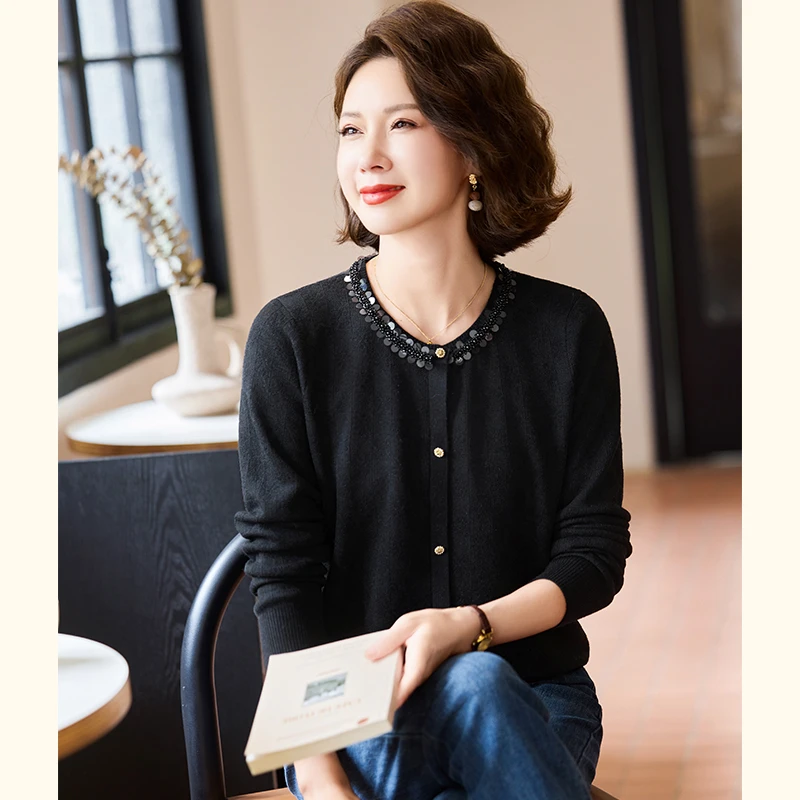 中年妈妈秋装针织衫2024新款洋气中老年高贵毛衣春秋长袖打底上衣