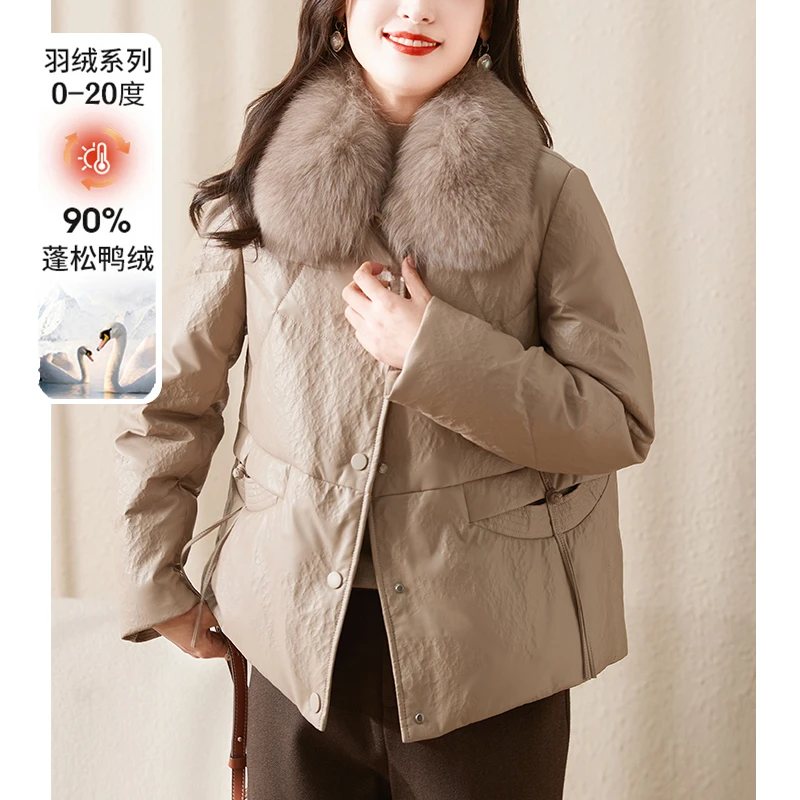 中年妈妈装冬装女2023新款冬季保暖皮衣洋气真狐狸毛领白鸭绒外套